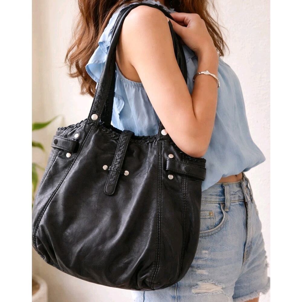 Lucky Brand High Times Black Leather Hobo Handbag Tote Bag Braided Boho Purse